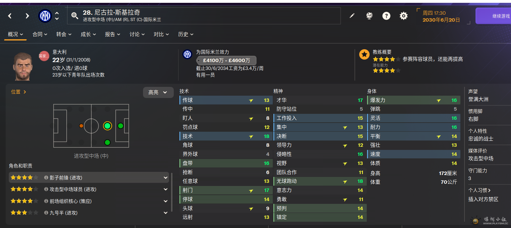 类似于弗拉泰西的青训，打前插型攻击型中场好用